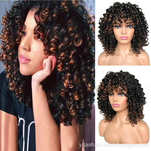 Wholesale Short Bob Black Highlight Wig With Bangs for Black Women 14 Inch Afro Kinky Loose Curly Wave Synthetic Hair Wigs